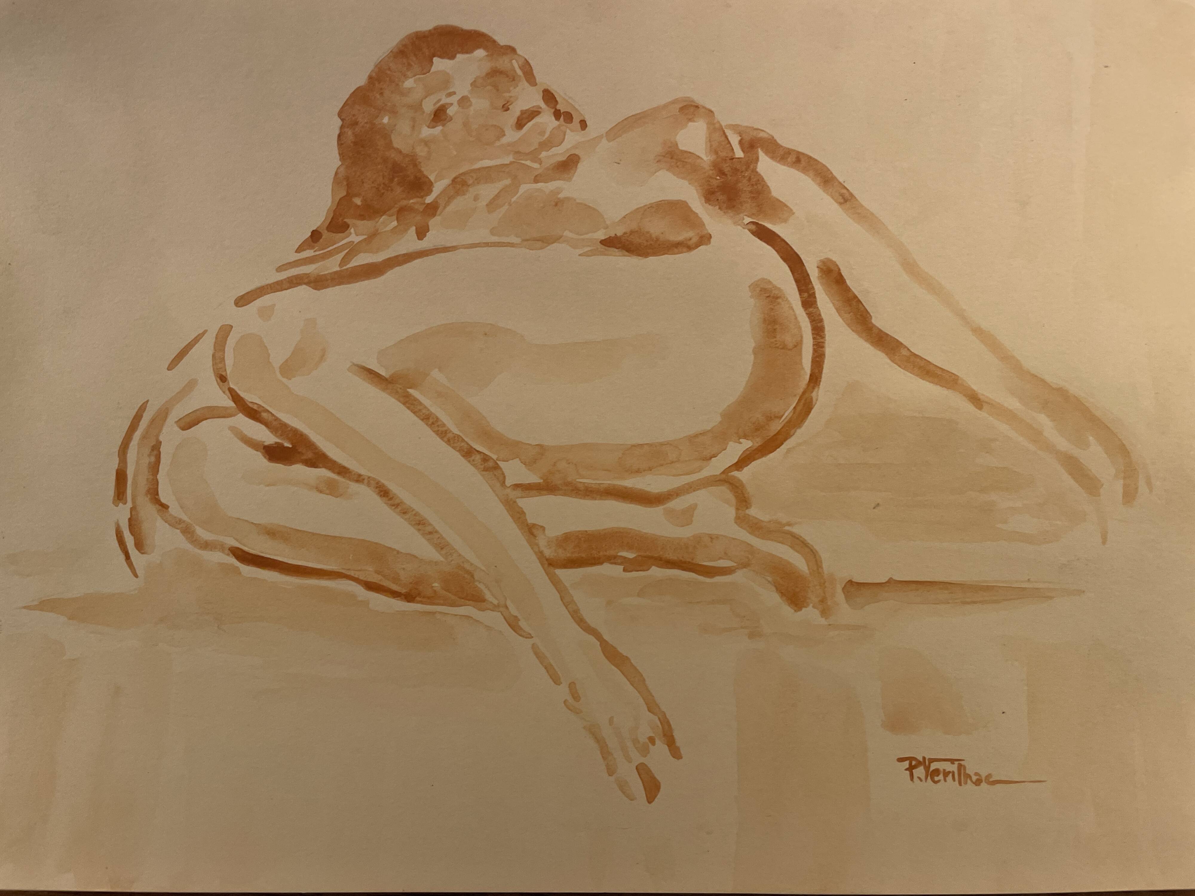 Signed painting monochrome watercolor female portrait "reclining study"