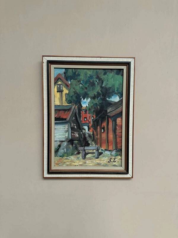 Original oil on panel “Red cottages” by Ingrid Larsblad, vintage & framed 30×40cm