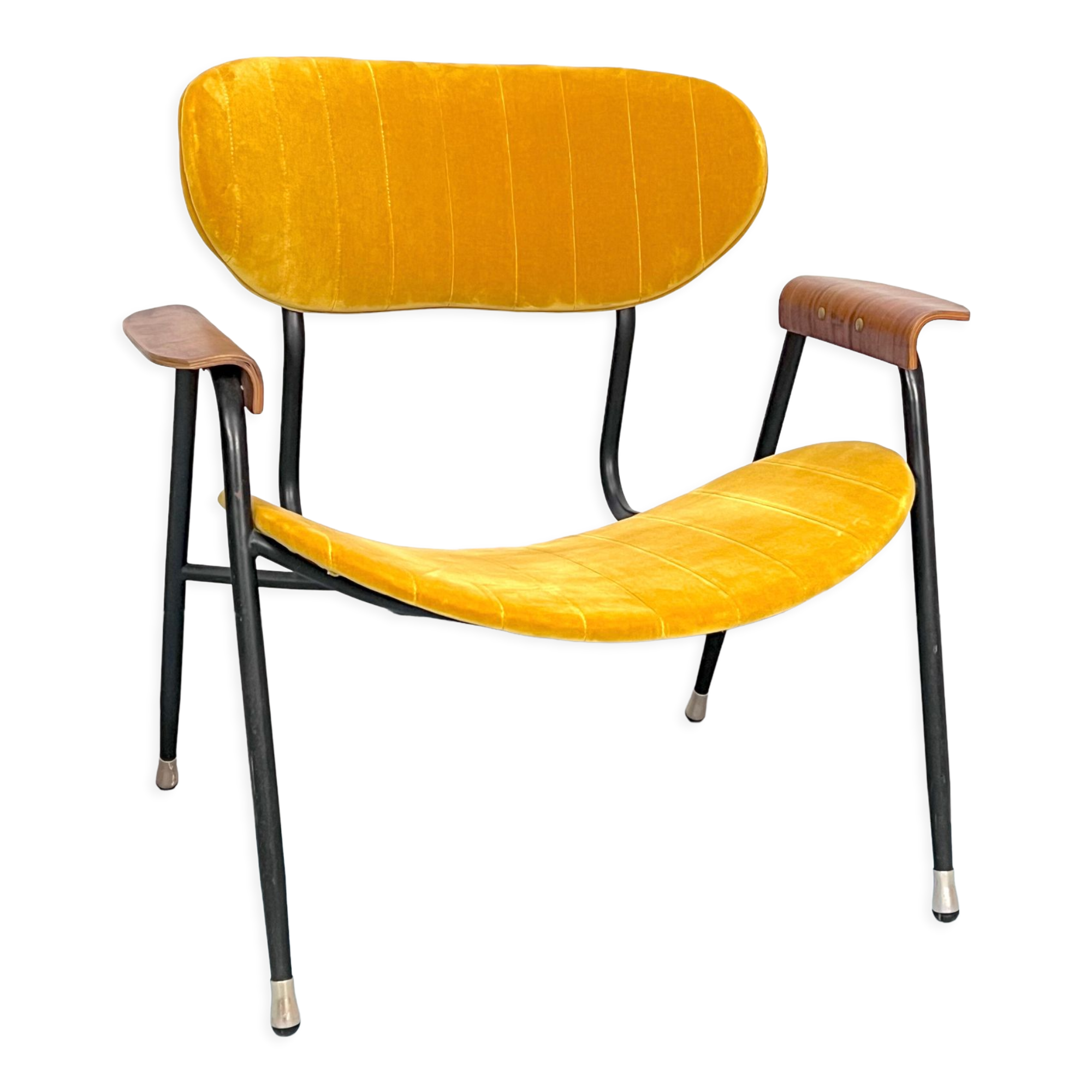Vintage yellow velvet chair by Gastone Rinaldi for Rima. Italy 1950s