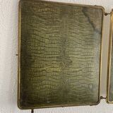 Vintage 1920s triptych barber mirror in gold and green faux crocodile leather - 37 x 87