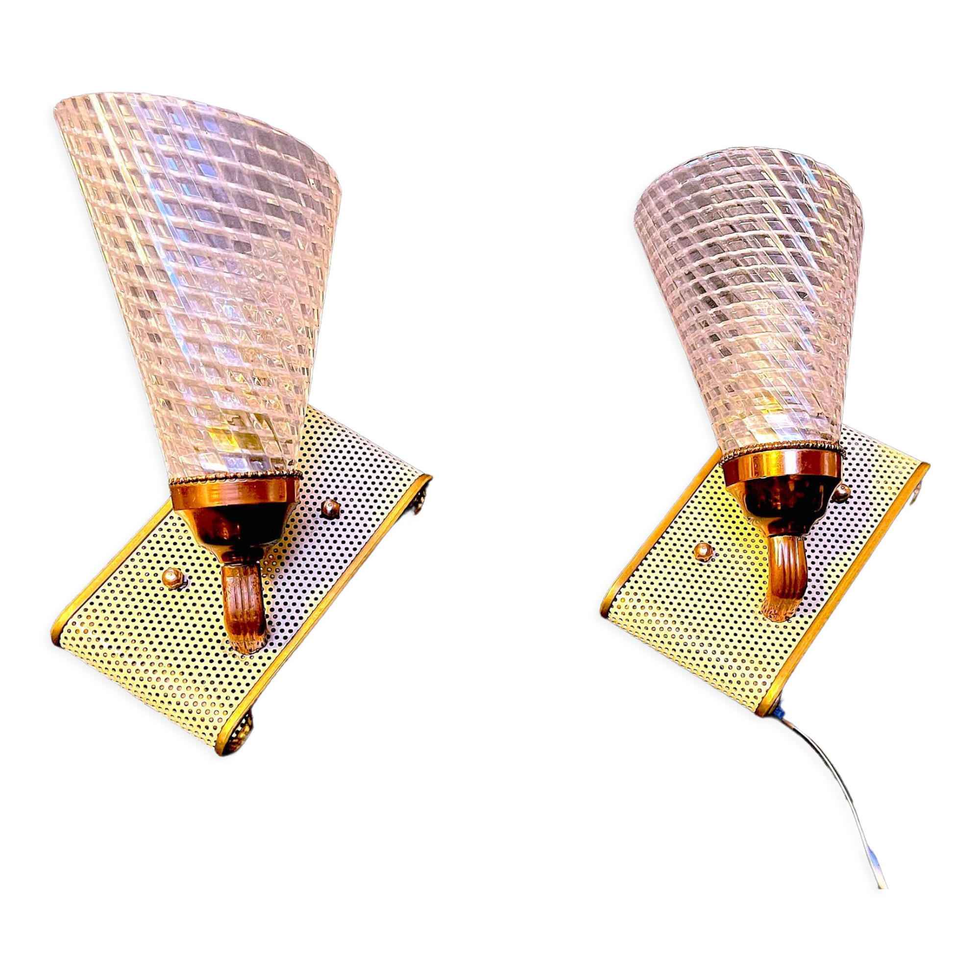 Pair of brass sconces, perforated metal and perhapx conical lampshade, France 50's