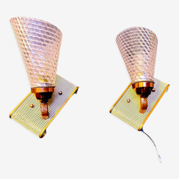 Pair of brass sconces, perforated metal and perhapx conical lampshade, France 50's