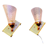 Pair of brass sconces, perforated metal and perhapx conical lampshade, France 50's
