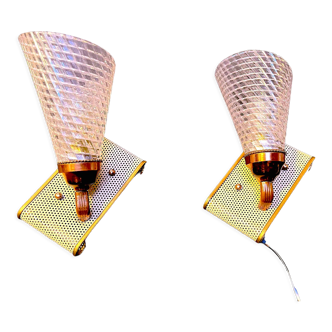 Pair of brass sconces, perforated metal and perhapx conical lampshade, France 50's