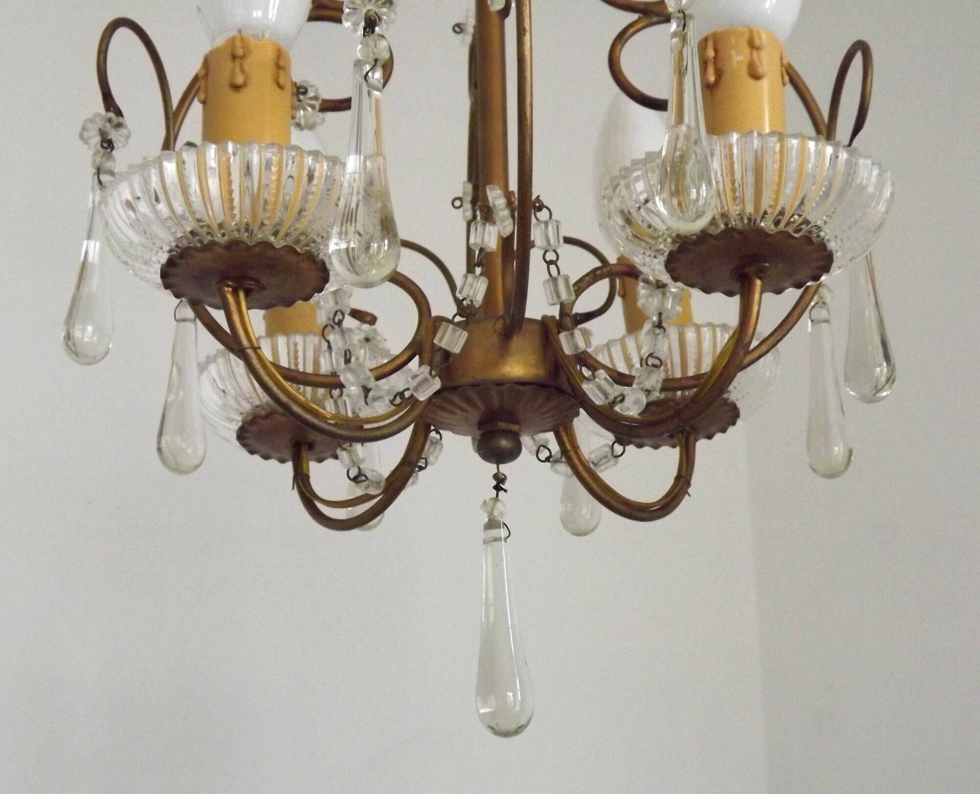 Vintage French 4 Arm Gilded Metal Cage Chandelier Beads Clear Murano Drops