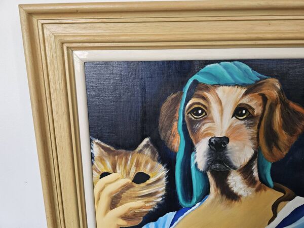 Tableau Huile sur toile Portrait femme chien signé Patricia Tatananni