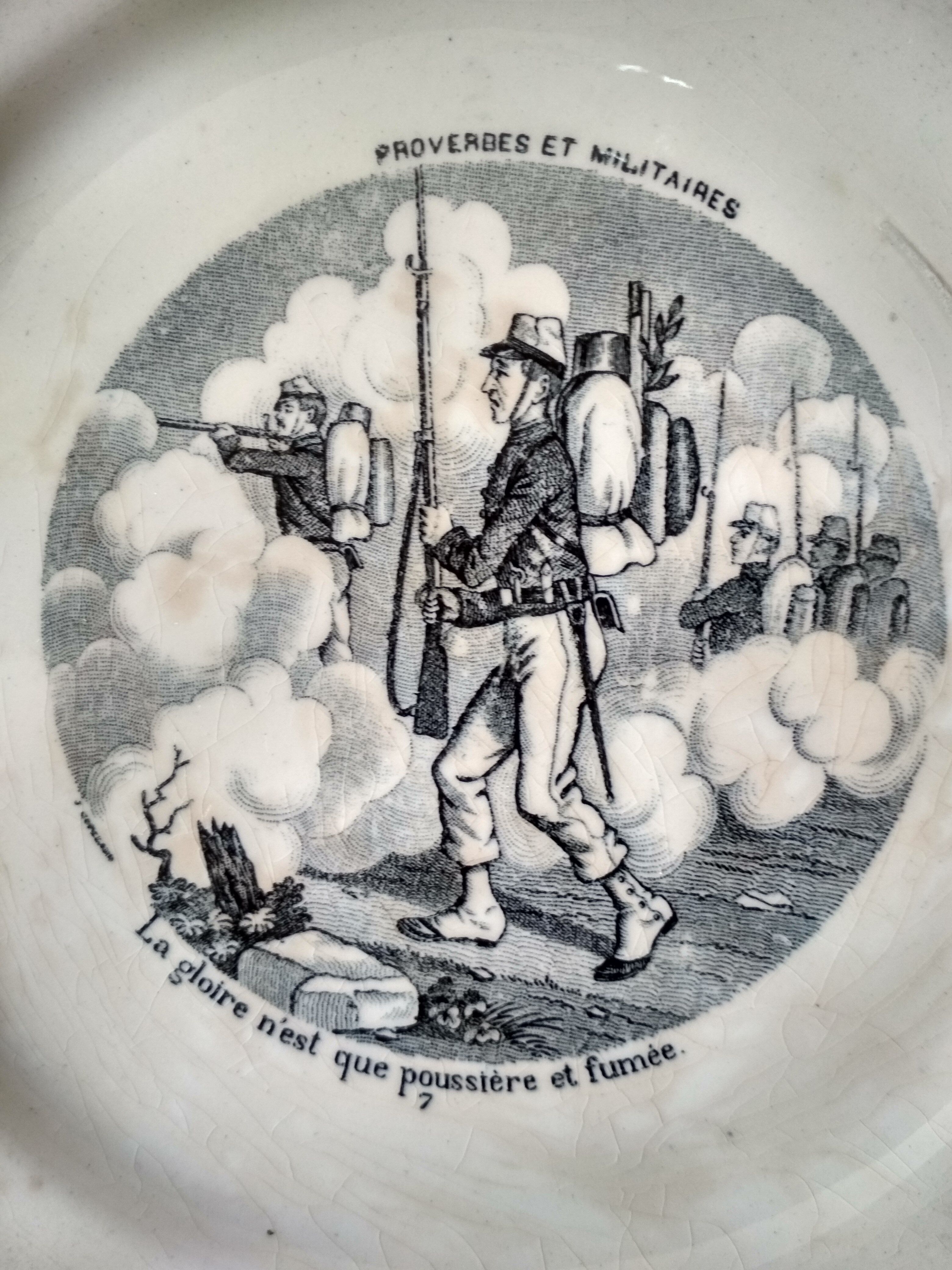 2 "proverbs and military" talking dessert plates - Gien porcelain