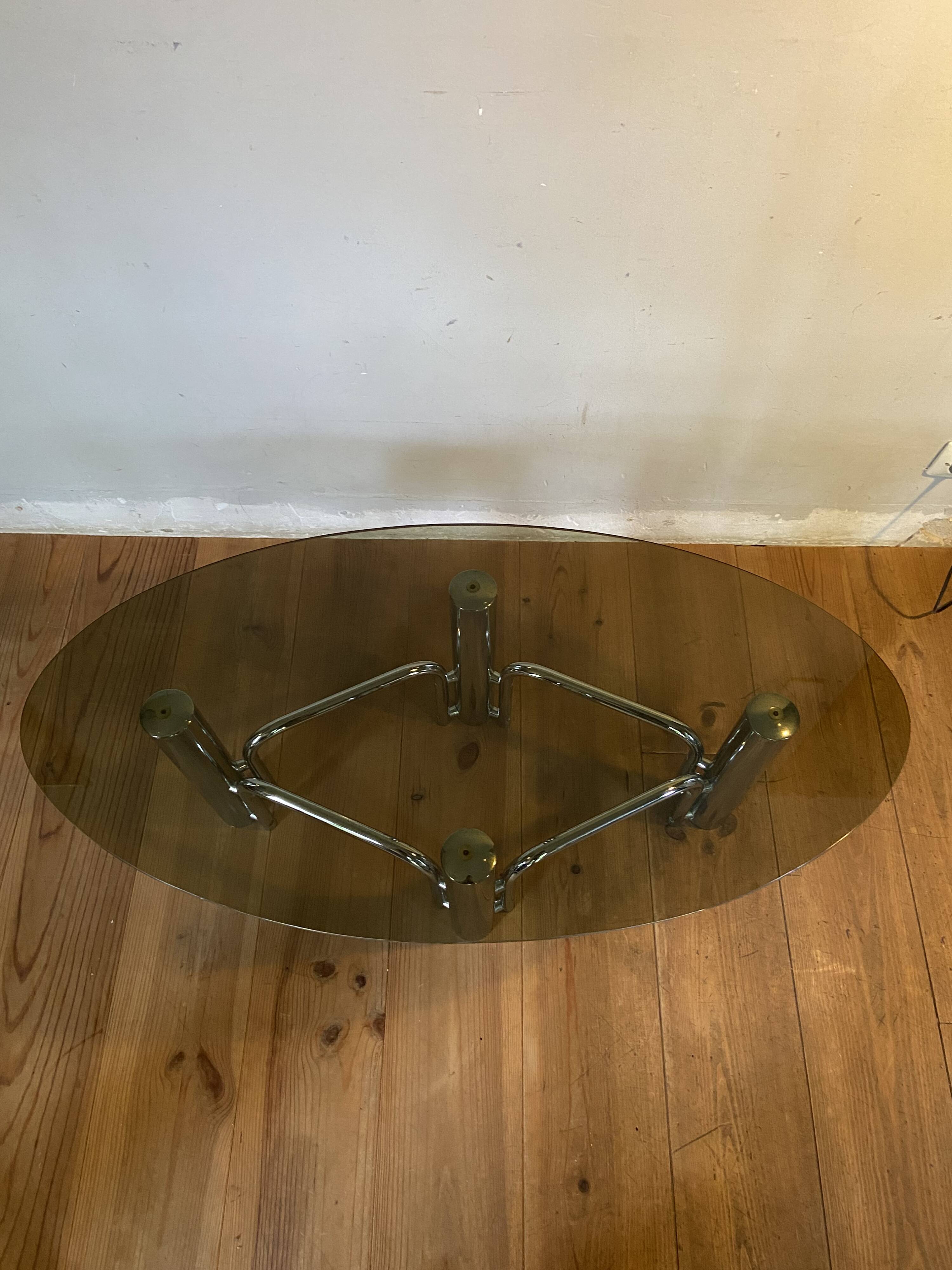70s chrome and oval smoked glass coffee table