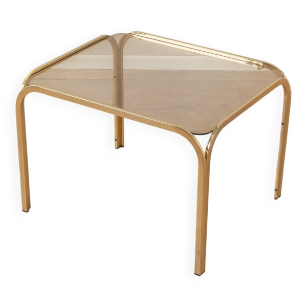 Table d'appoint années 70, structure en métal doré et plateau en verre