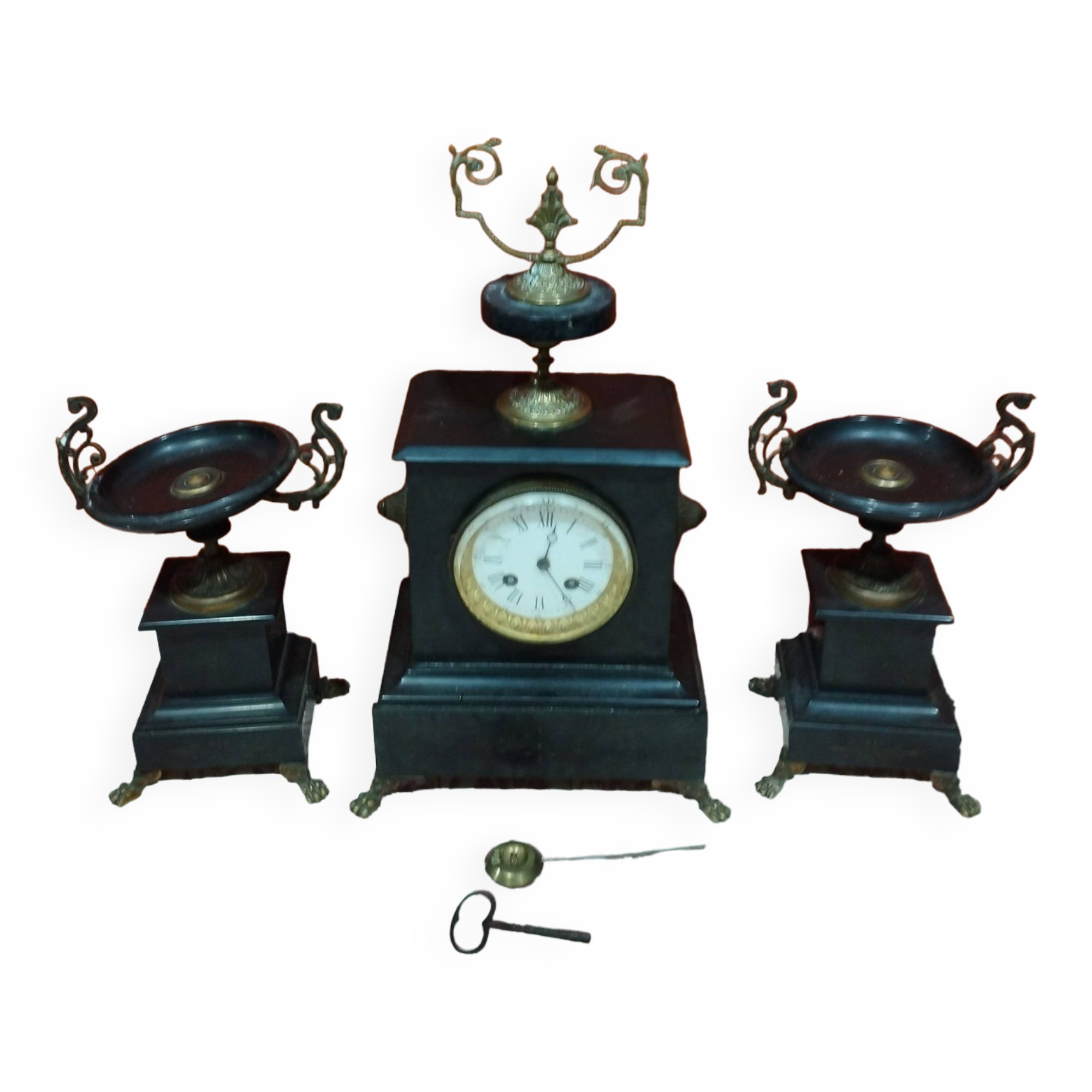 old Napoleon III marble fireplace surround with cups and pendulum