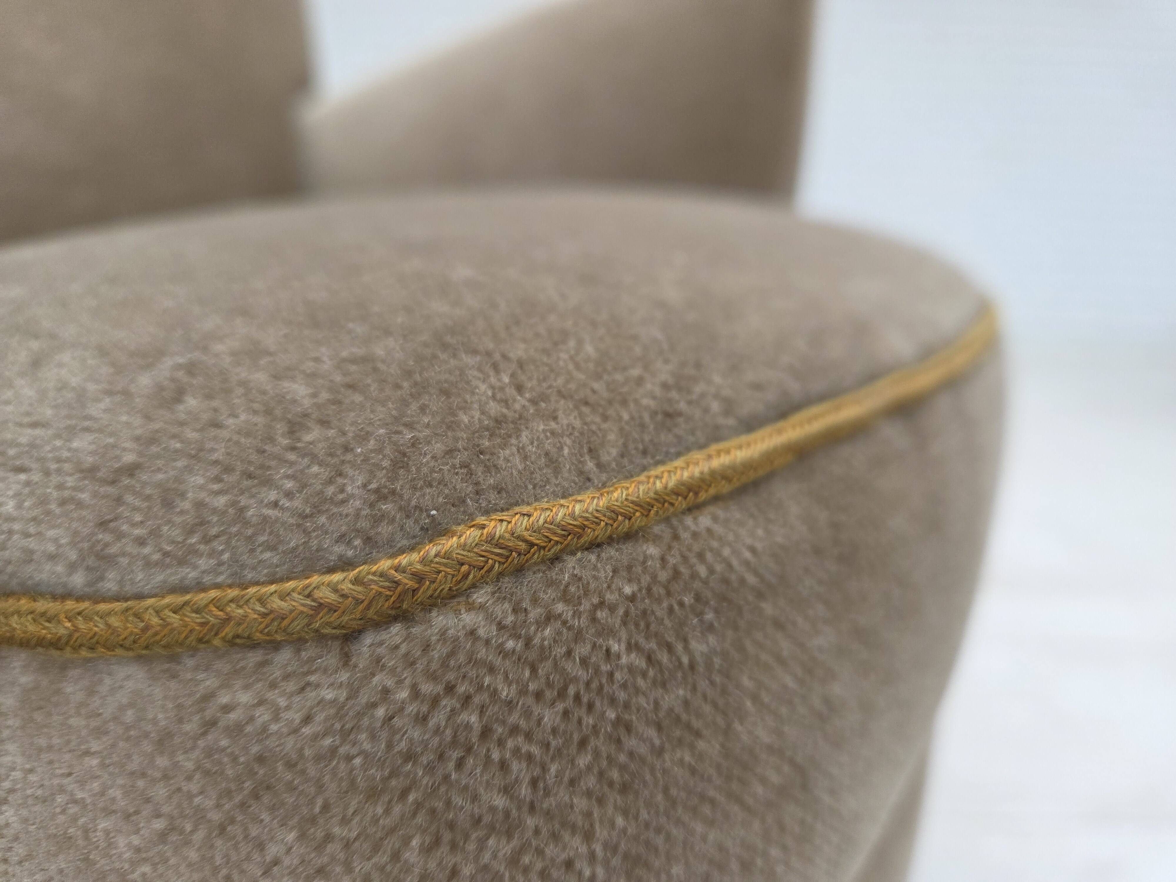 1970s, Danish armchair, green furniture velour, beech wood legs.