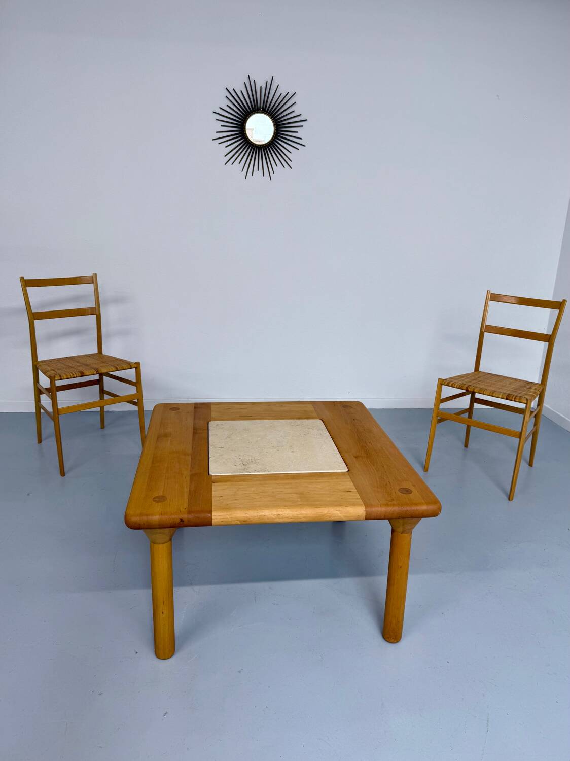 Table basse ancienne bois et travertin design des années 70 vintage