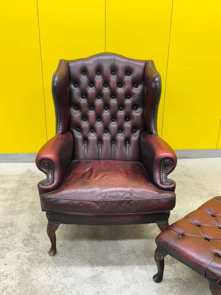Burgundy leather chesterfield wing chair with Ottoman