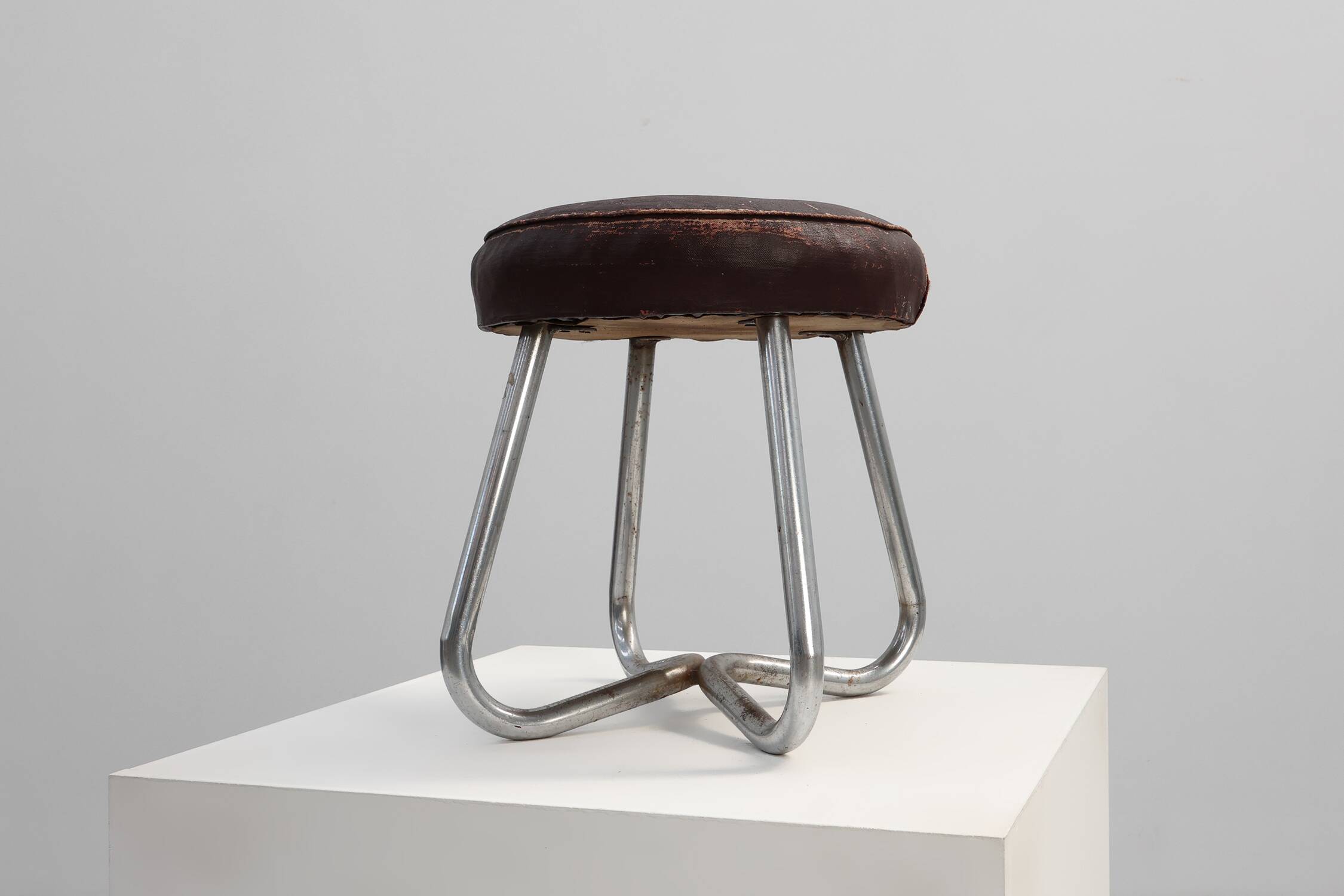 Bauhaus Modernist Stool with Chrome Tubular Frame and Leather Seat, Germany