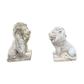 Pair of “sitting lions” statues in reconstituted stone from the 70s