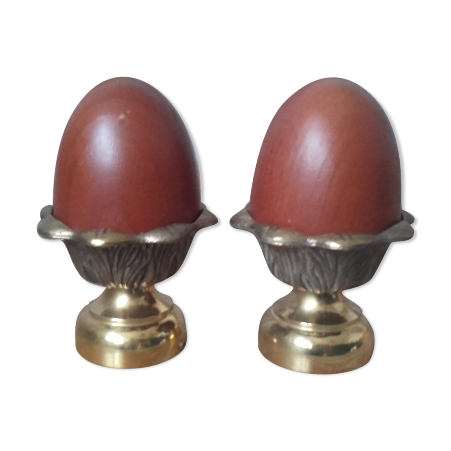 Pair of brass cockroaches with wooden eggs