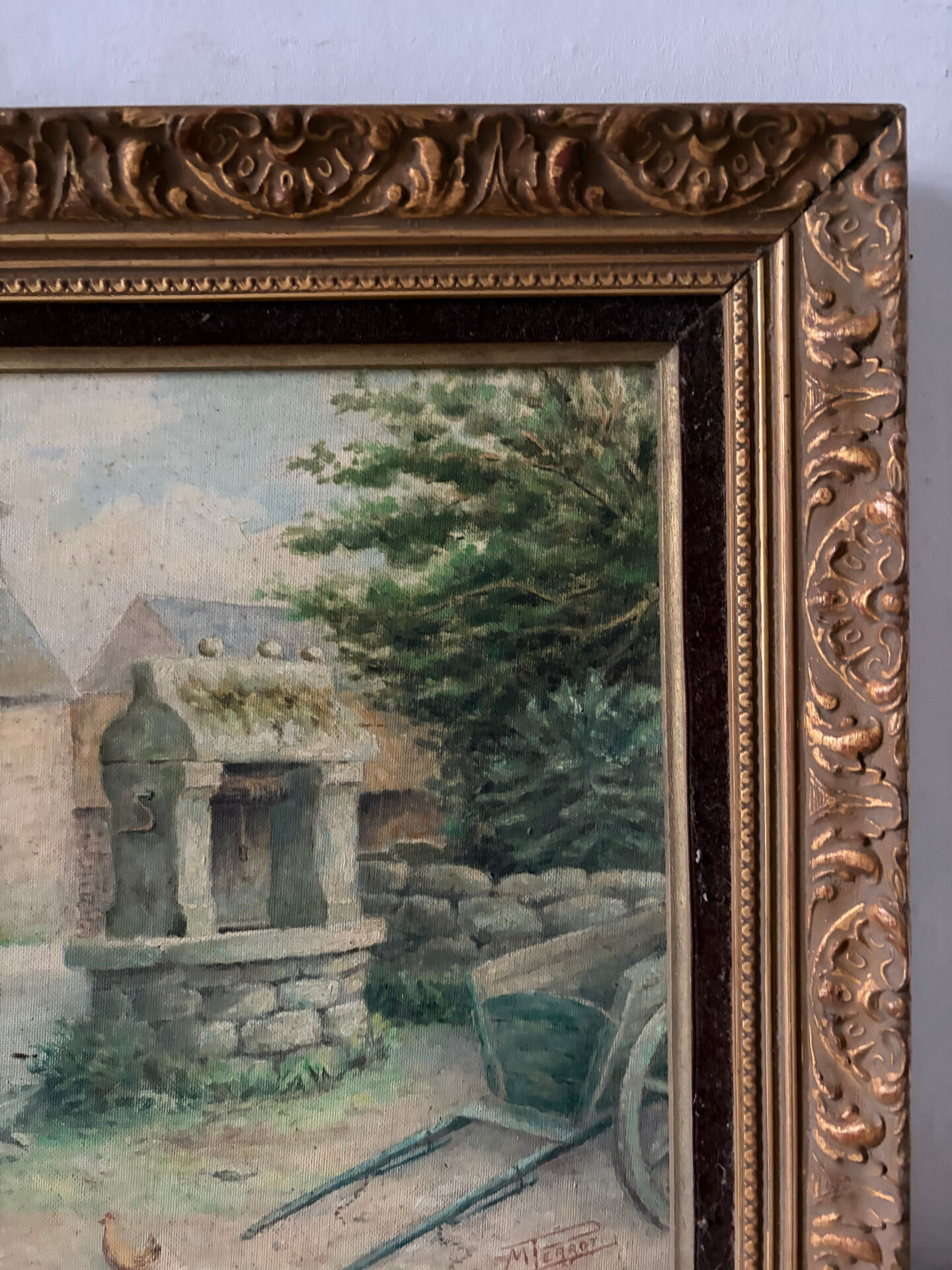 Oil on canvas "Village courtyard with chickens", signed.