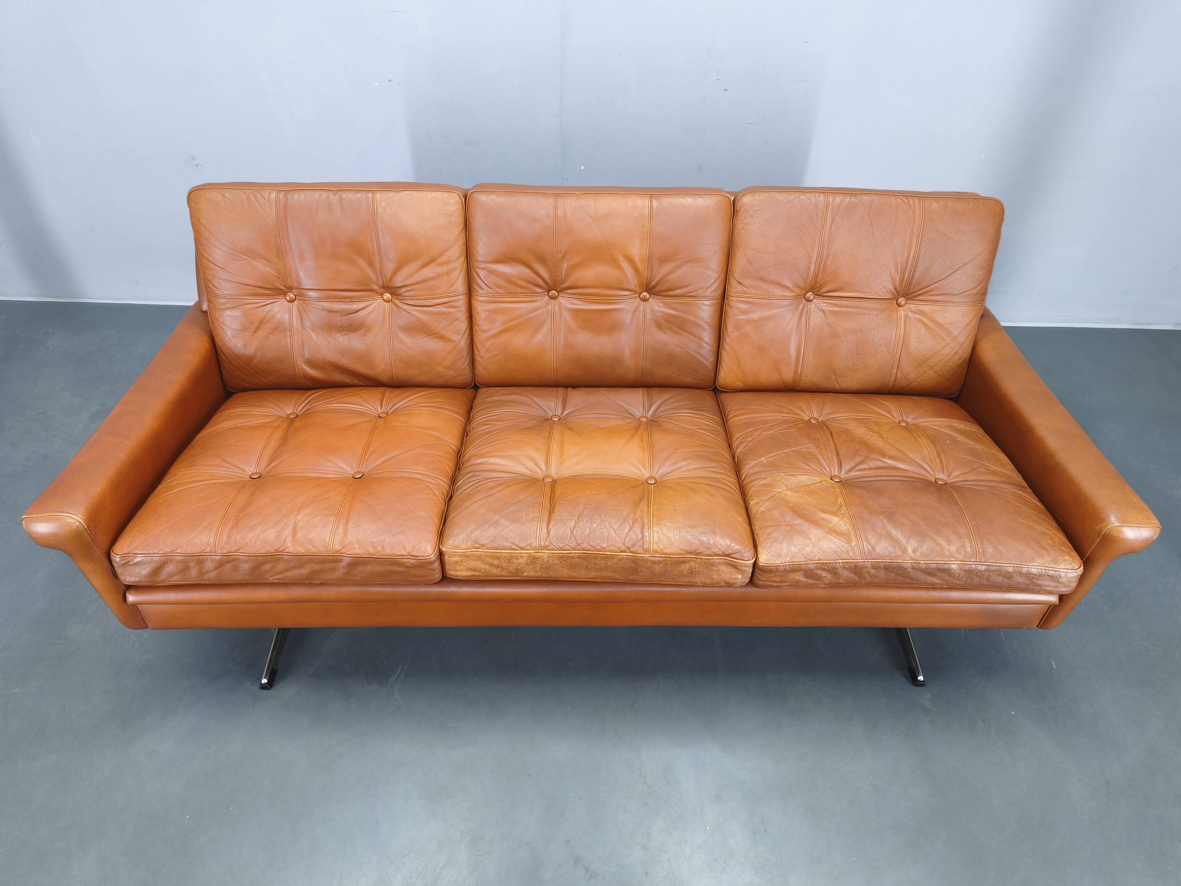 Svend Skipper Danish Leather Sofa Cognac Chrome, 1960s