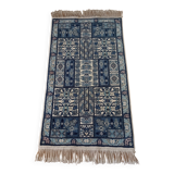 Handcrafted oriental blue and white rug Tunisia vintage fringes