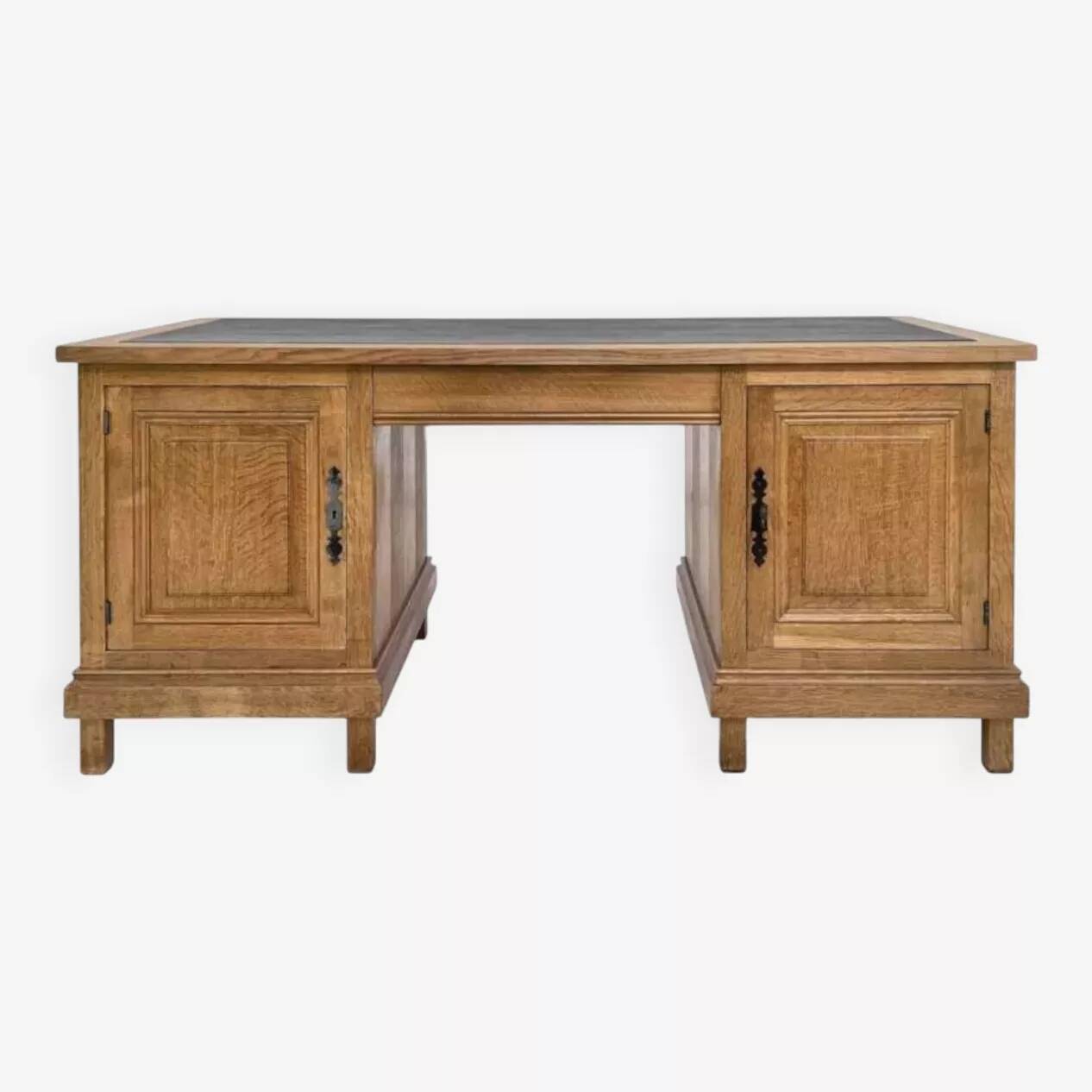 Bureau double face en chêne et cuir