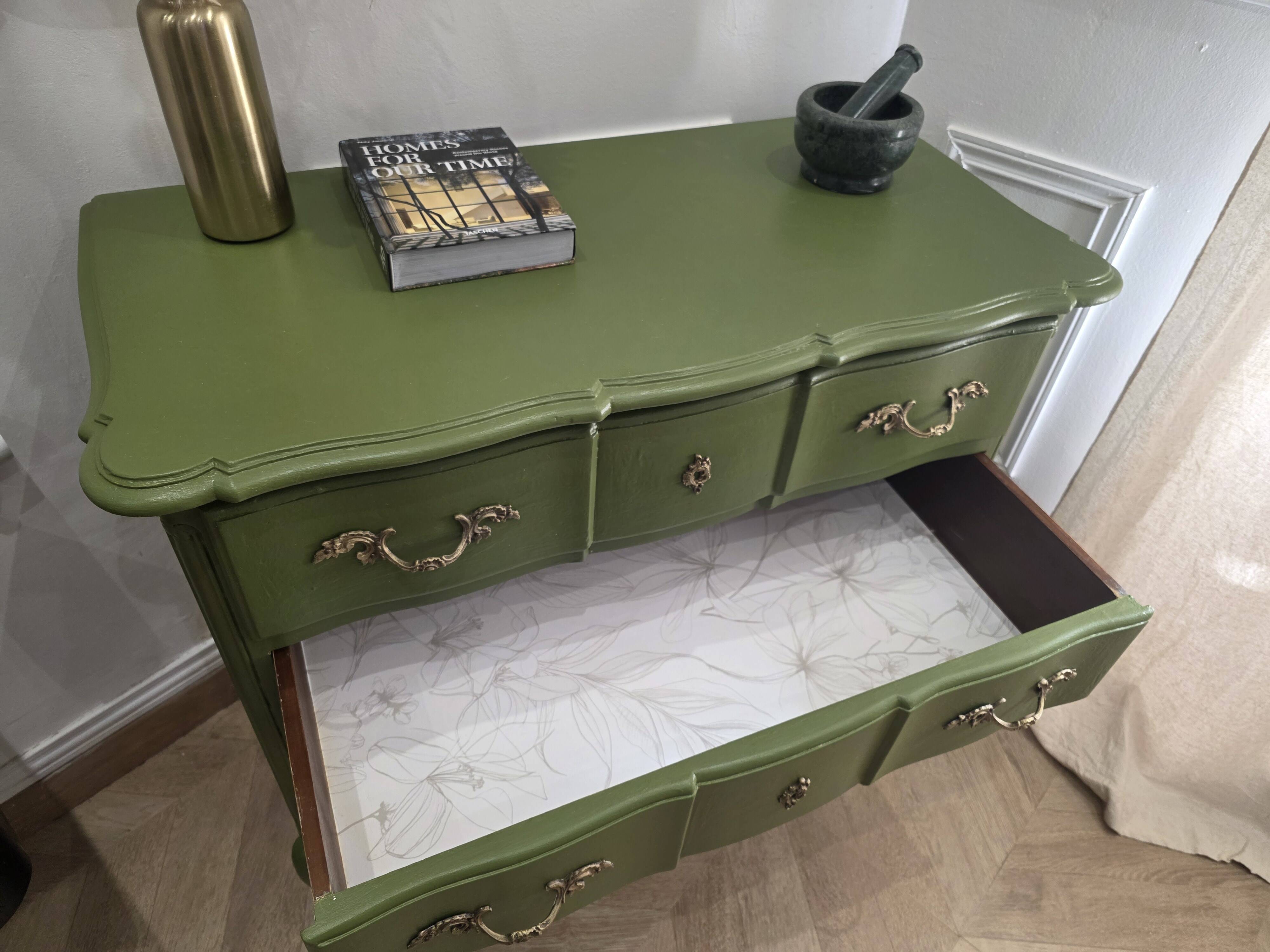 Renovated antique commode – Vintage chic style – Olive green