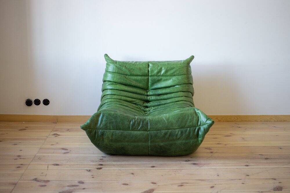 Ensemble de salon Togo en cuir vert, signé Michel Ducaroy pour Ligne Roset, 1979, ensemble de 5 pièces