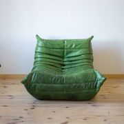 Green leather Togo living room set by Michel Ducaroy for Ligne Roset, 1979, set of 5