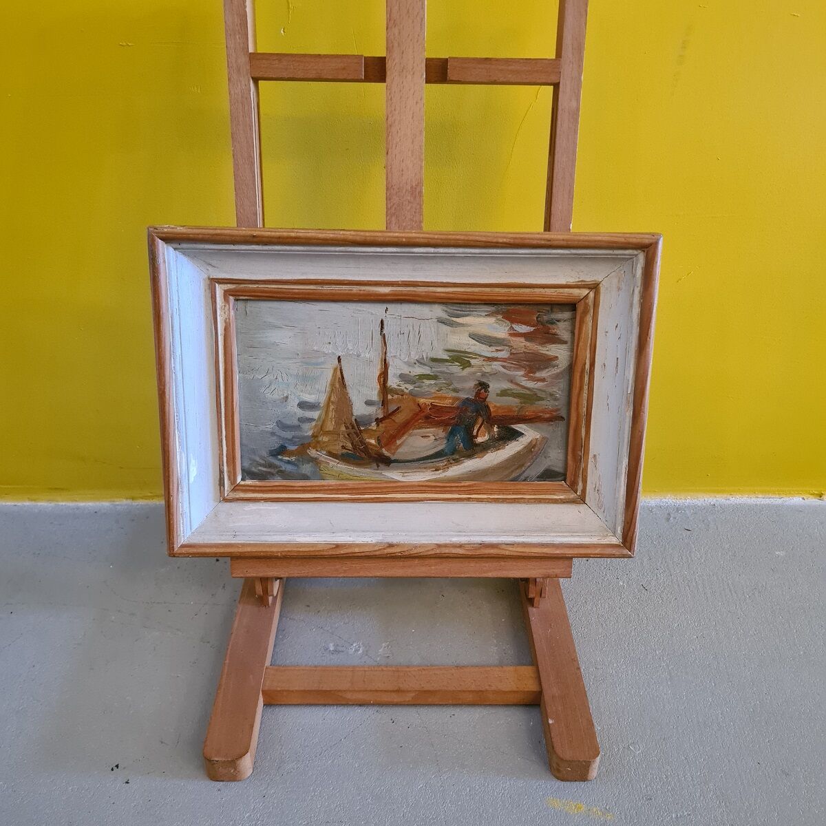 Old Painting Fisherman In Boat. 1st half 20th century