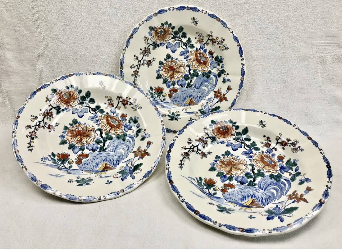 3 deep plates Gien peonies and rooster 1938/1960