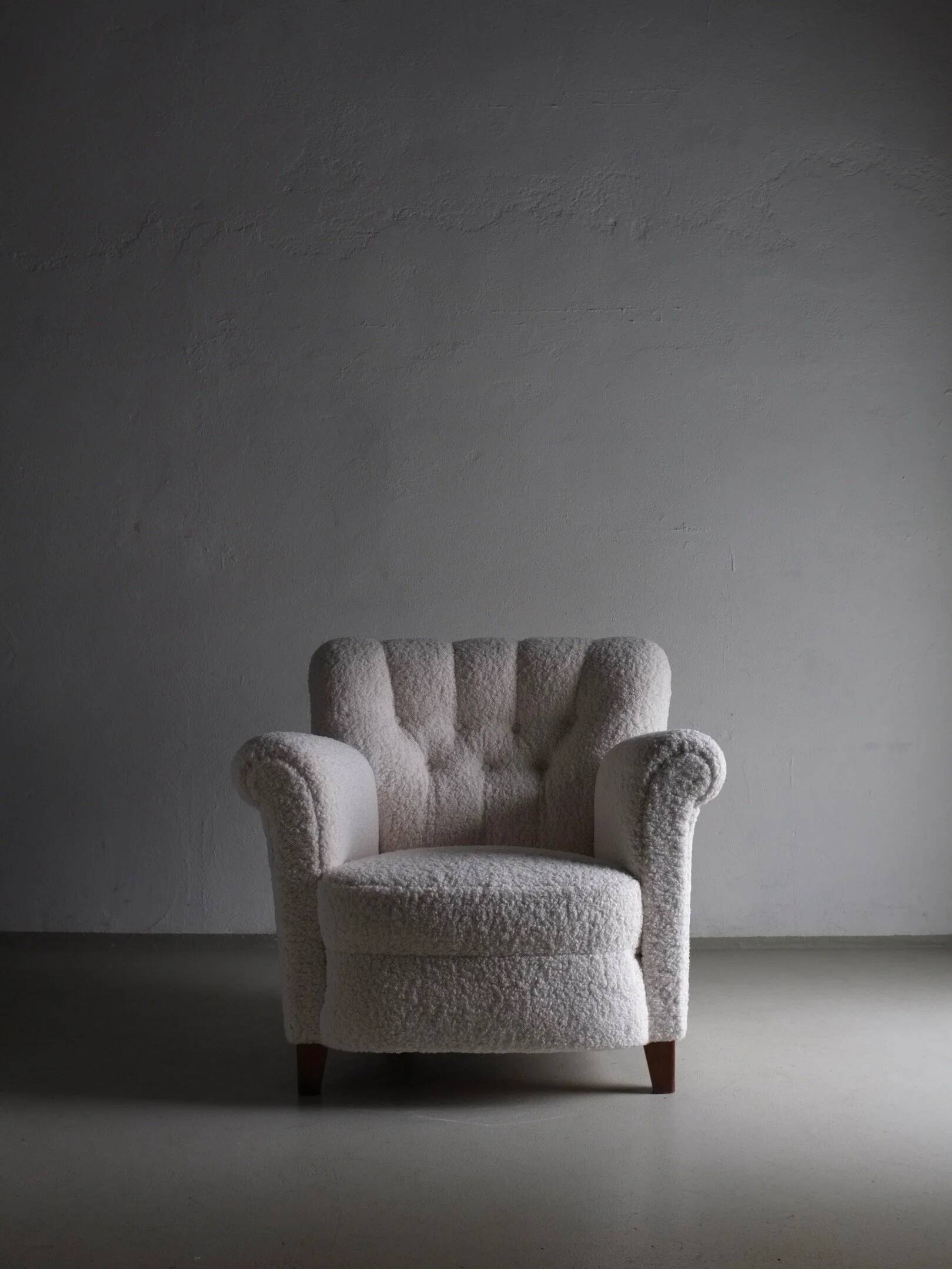 White faux shearling lounge chair | Sweden | 1940s