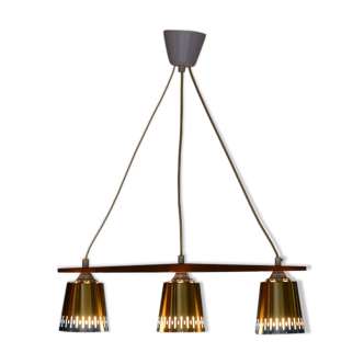 Mid century tripple pendant light in aluminum and teak Sweden 1960
