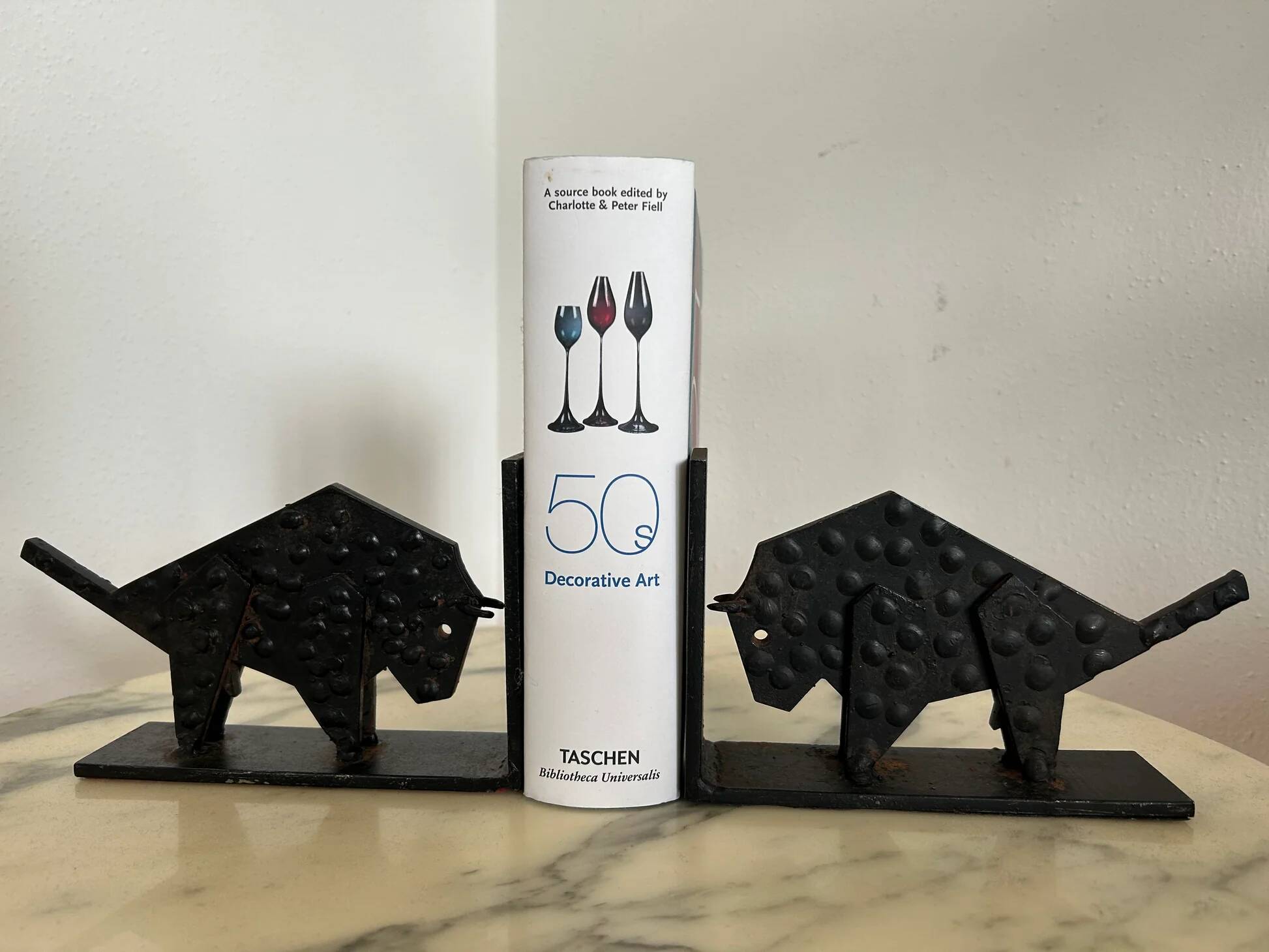 Pair of brutalist buffalo / bison bookends, black metal, mid-century