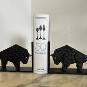 Pair of brutalist buffalo / bison bookends, black metal, mid-century