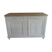 Art Deco buffet in patinated oak grey pearl platter wood tray waxed finish. Vintage buffet of the 30s revisited for a family home spirit in the spirit of the times. L 145 cm P 51 cm H 98 cm