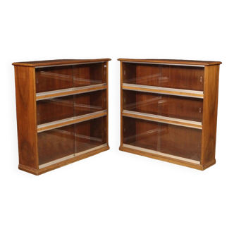 Pair of Italian bookcases in walnut wood with glass doors