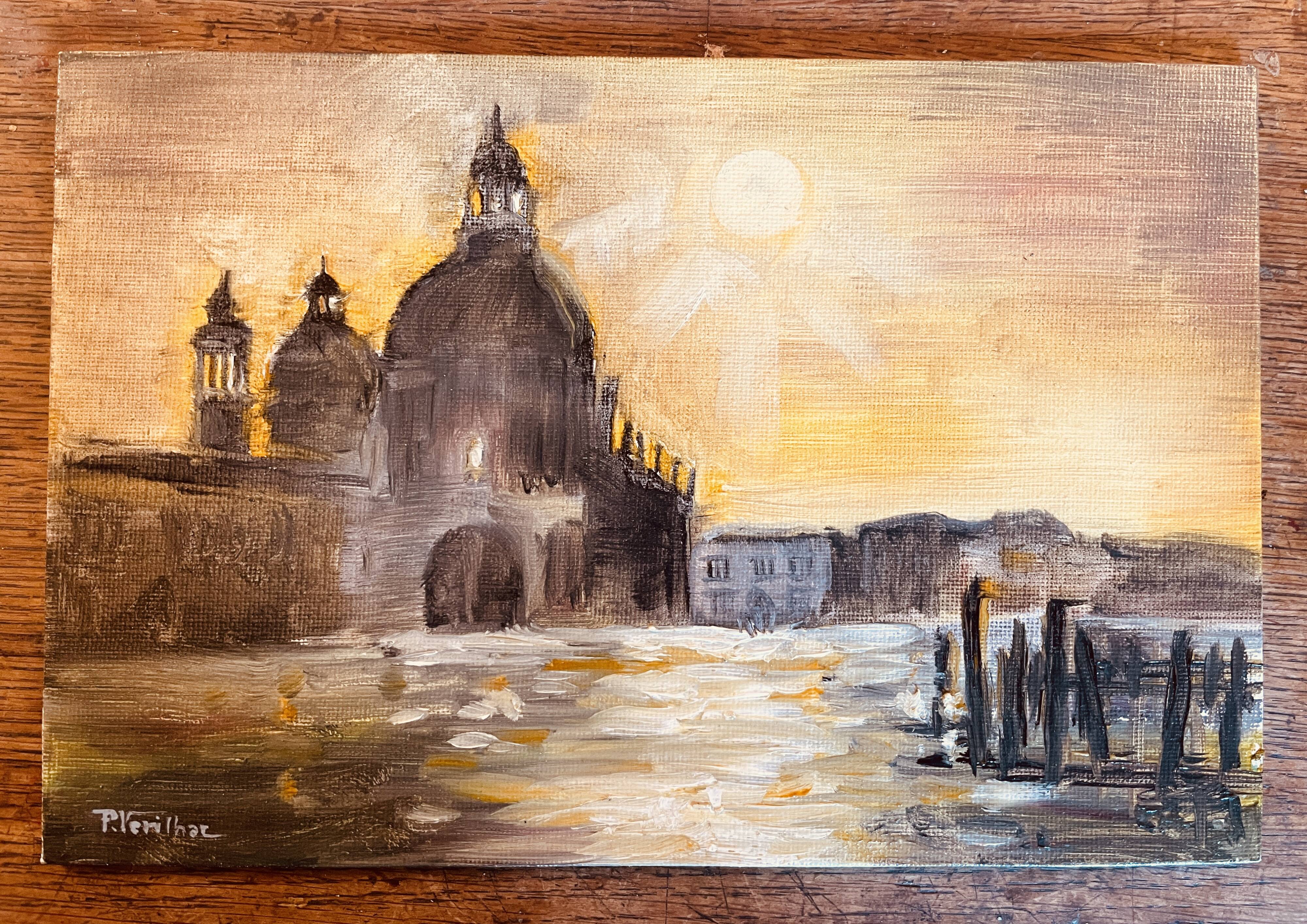 Signed painting oil on canvas landscape Venice "Santa Maria" sunset