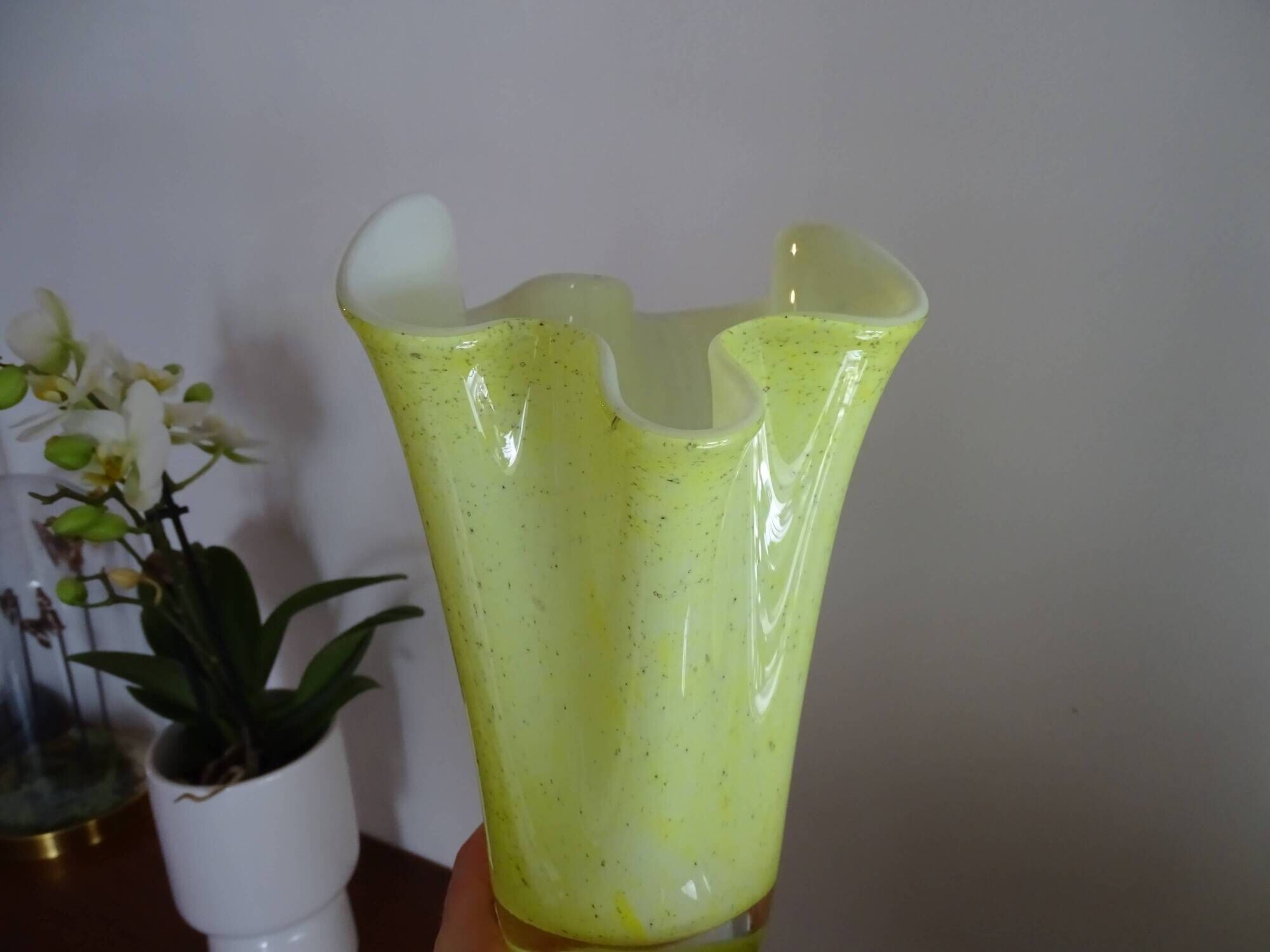 Vintage 1960s murano glass handkerchief vase, yellow and white speckled