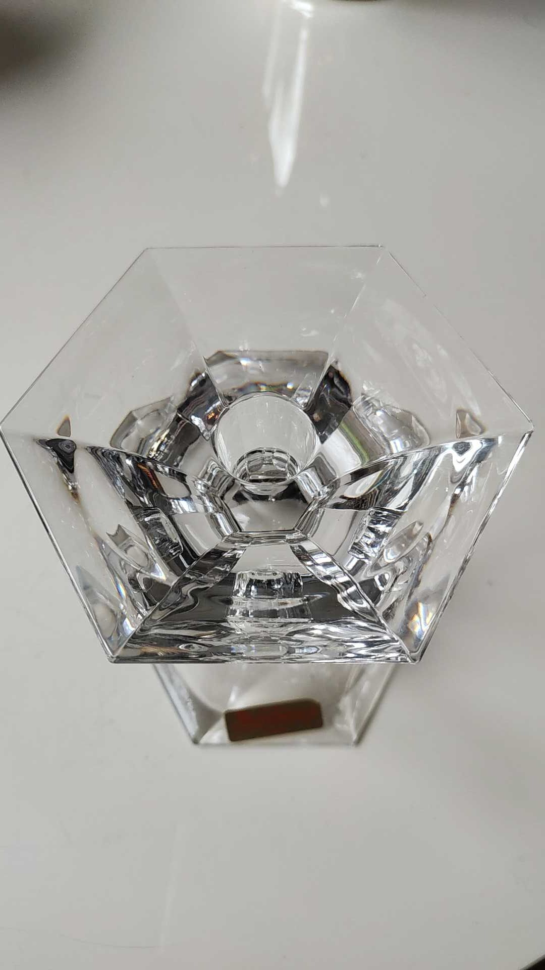 Torch candle holder in finely cut hexagonal crystal labeled Nachtmann