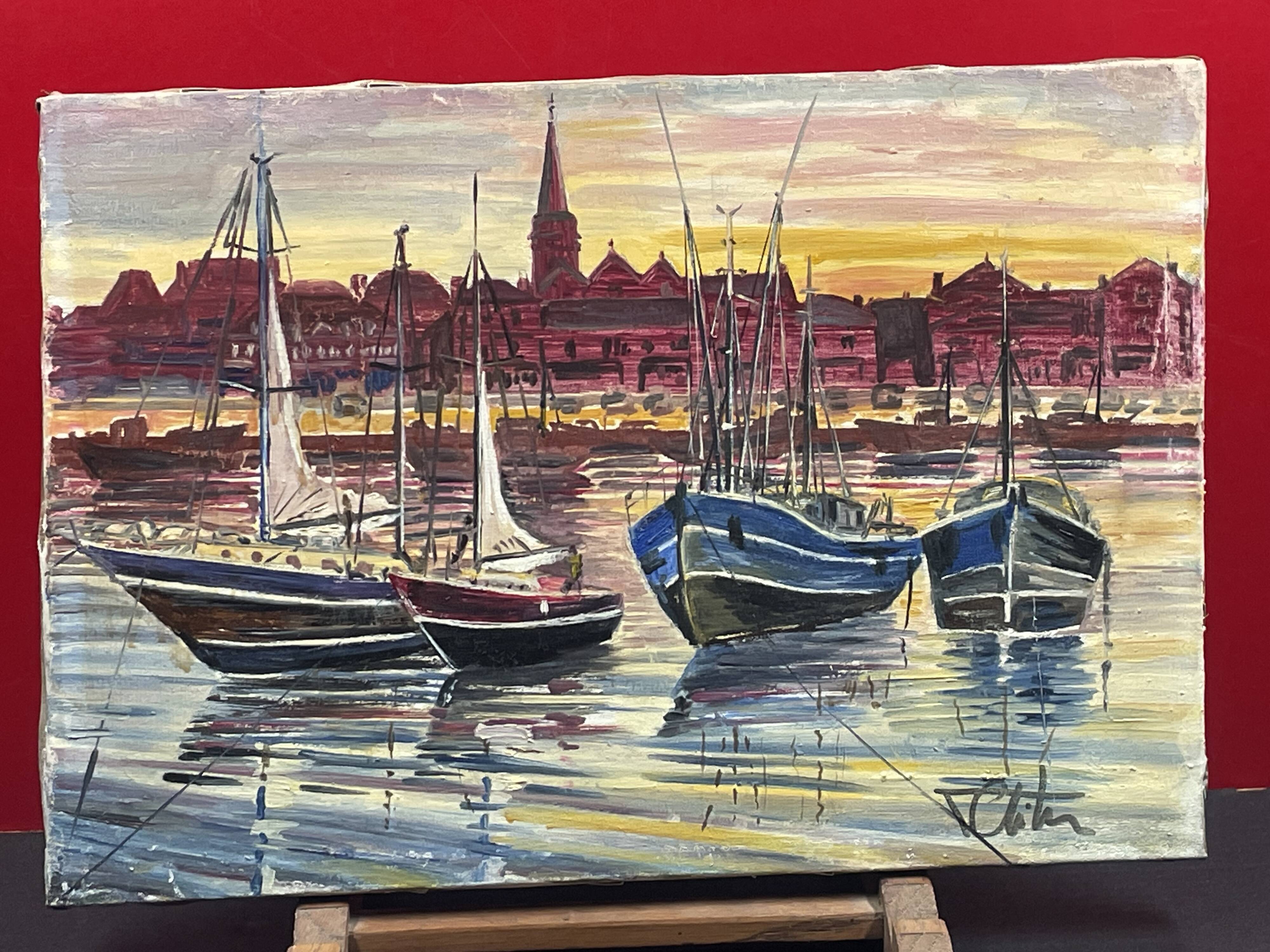 Painting Oil on canvas, Marine, Boat at anchor signature to identify