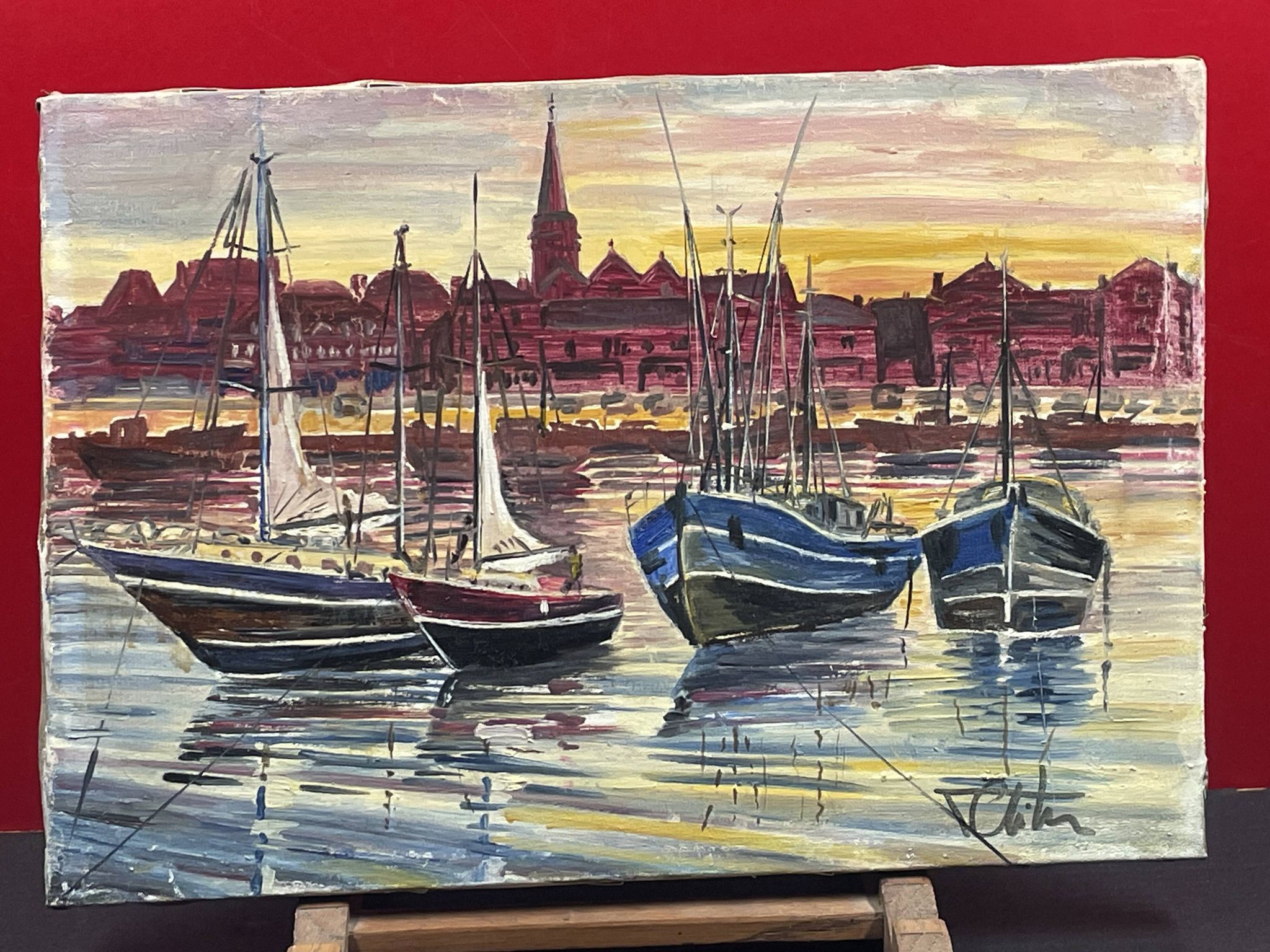 Painting Oil on canvas, Marine, Boat at anchor signature to identify