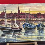 Painting Oil on canvas, Marine, Boat at anchor signature to identify