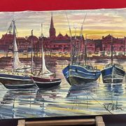 Painting Oil on canvas, Marine, Boat at anchor signature to identify