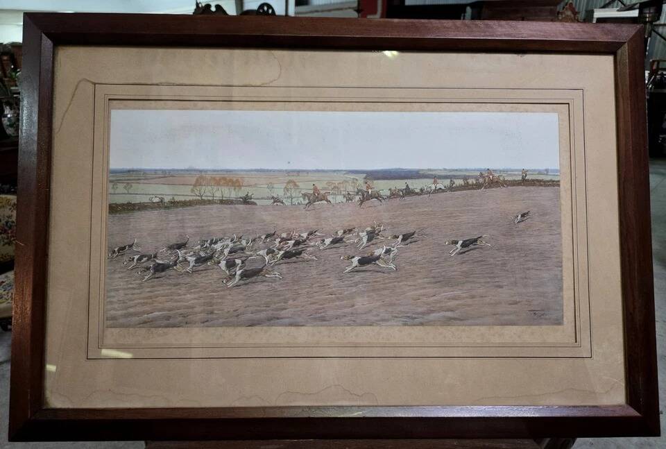 Hunting scene, watercolour engraving on paper signed by Cecil.
