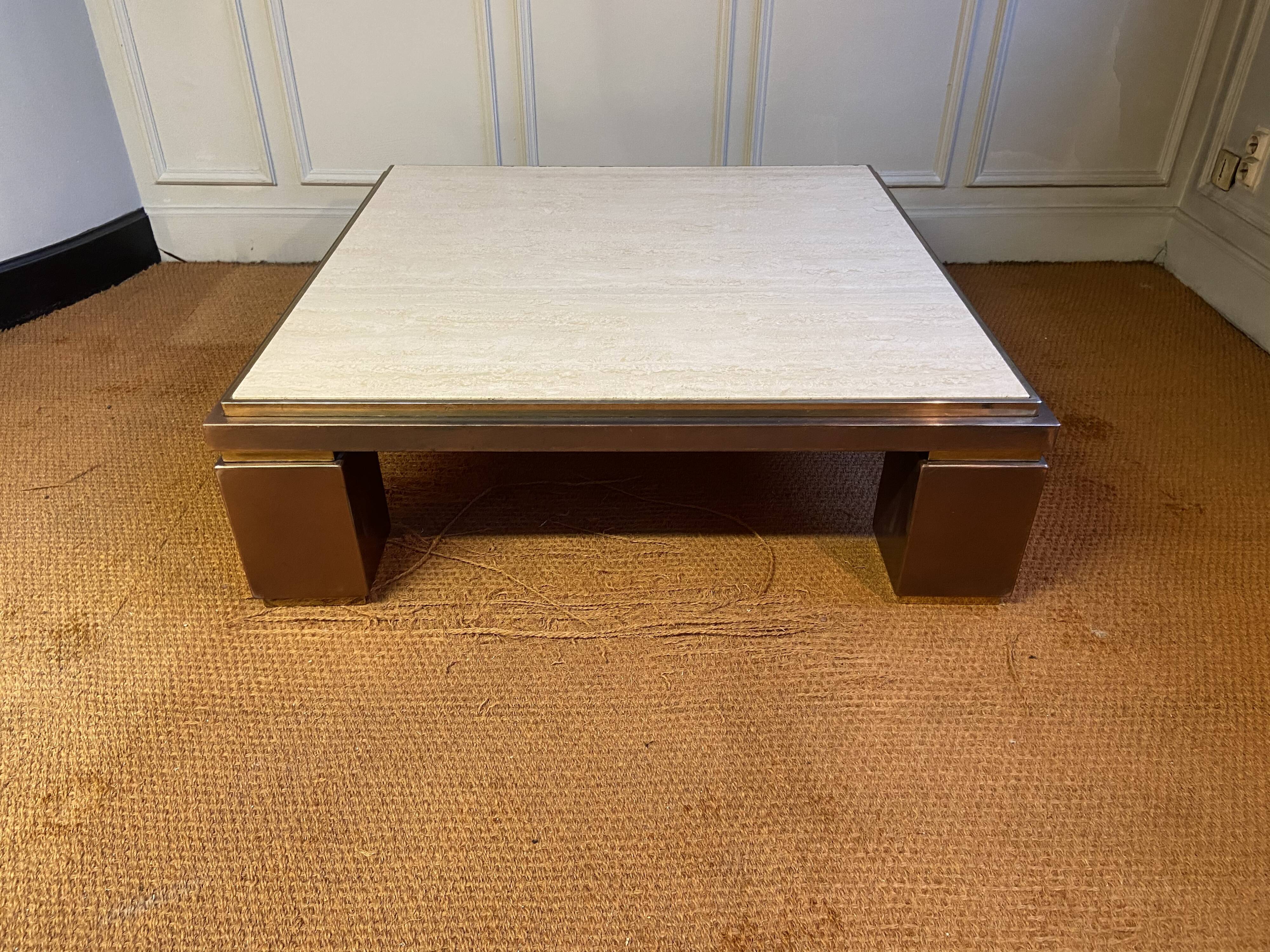 XXL copper, brass and travertine square coffee table, Belgo Chrom