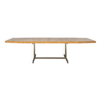 Grande table de réunion Acier nickelé et bois Italie 1970