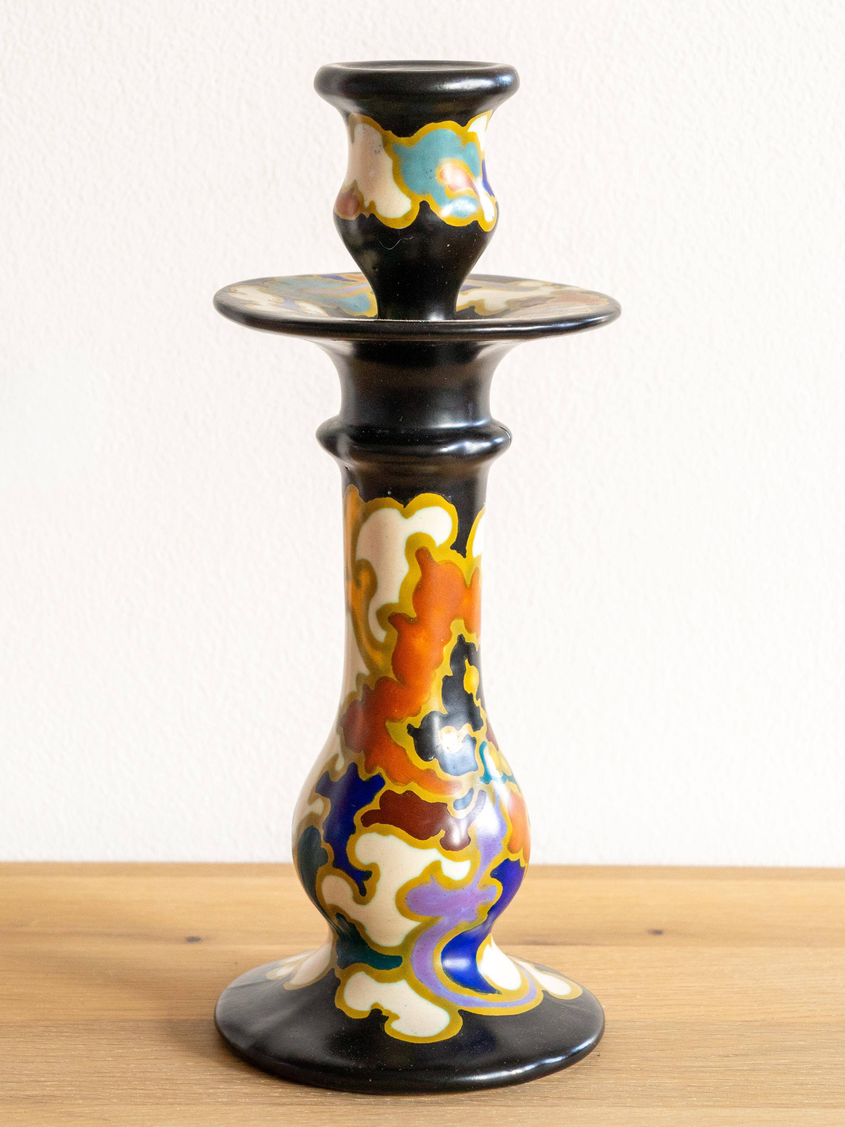 Hand-painted ceramic candlestick in Art Deco Revival style, Dutch Gouda pottery.