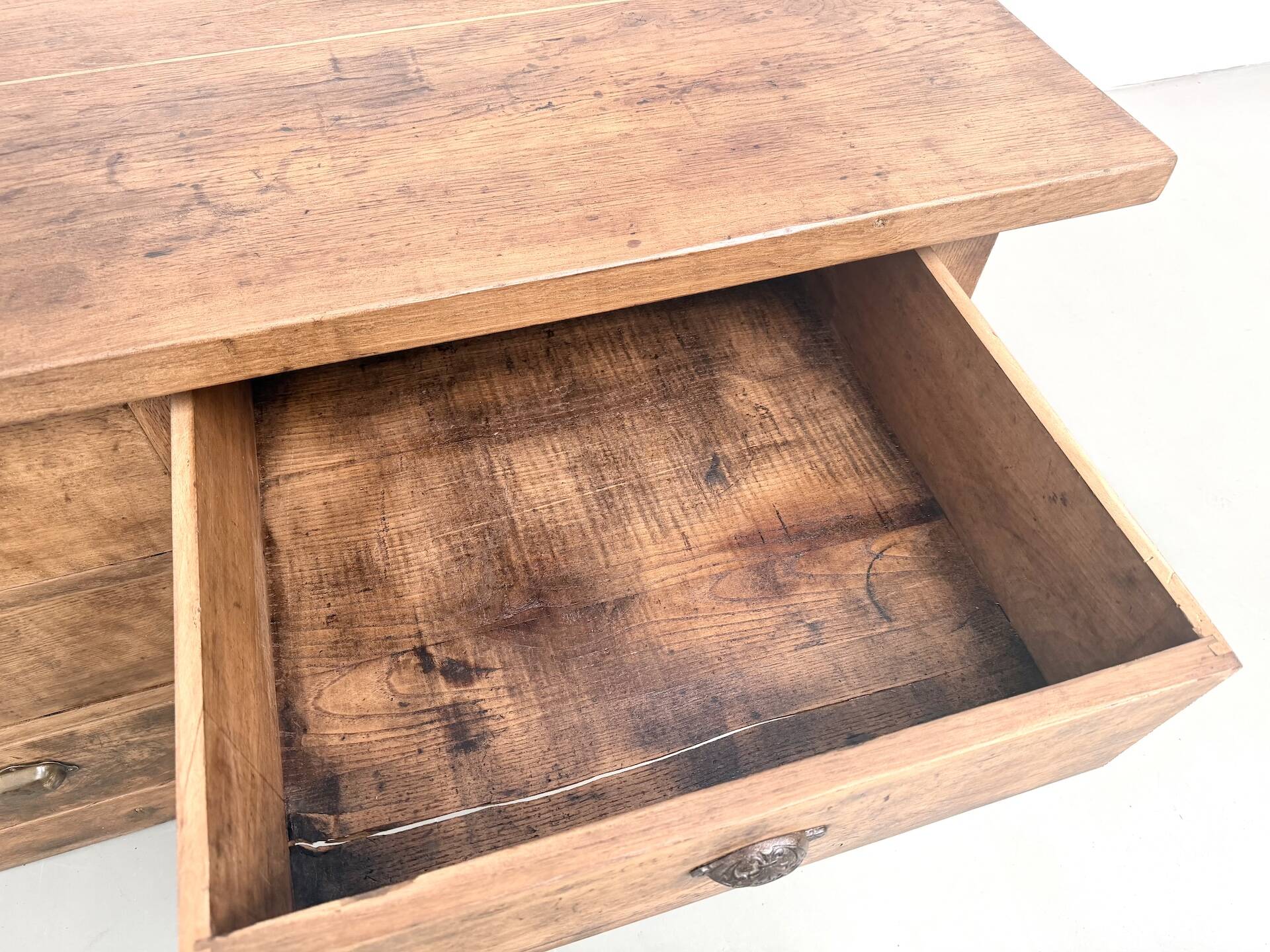 Solid oak trade counter, six drawers, France, circa 1920.