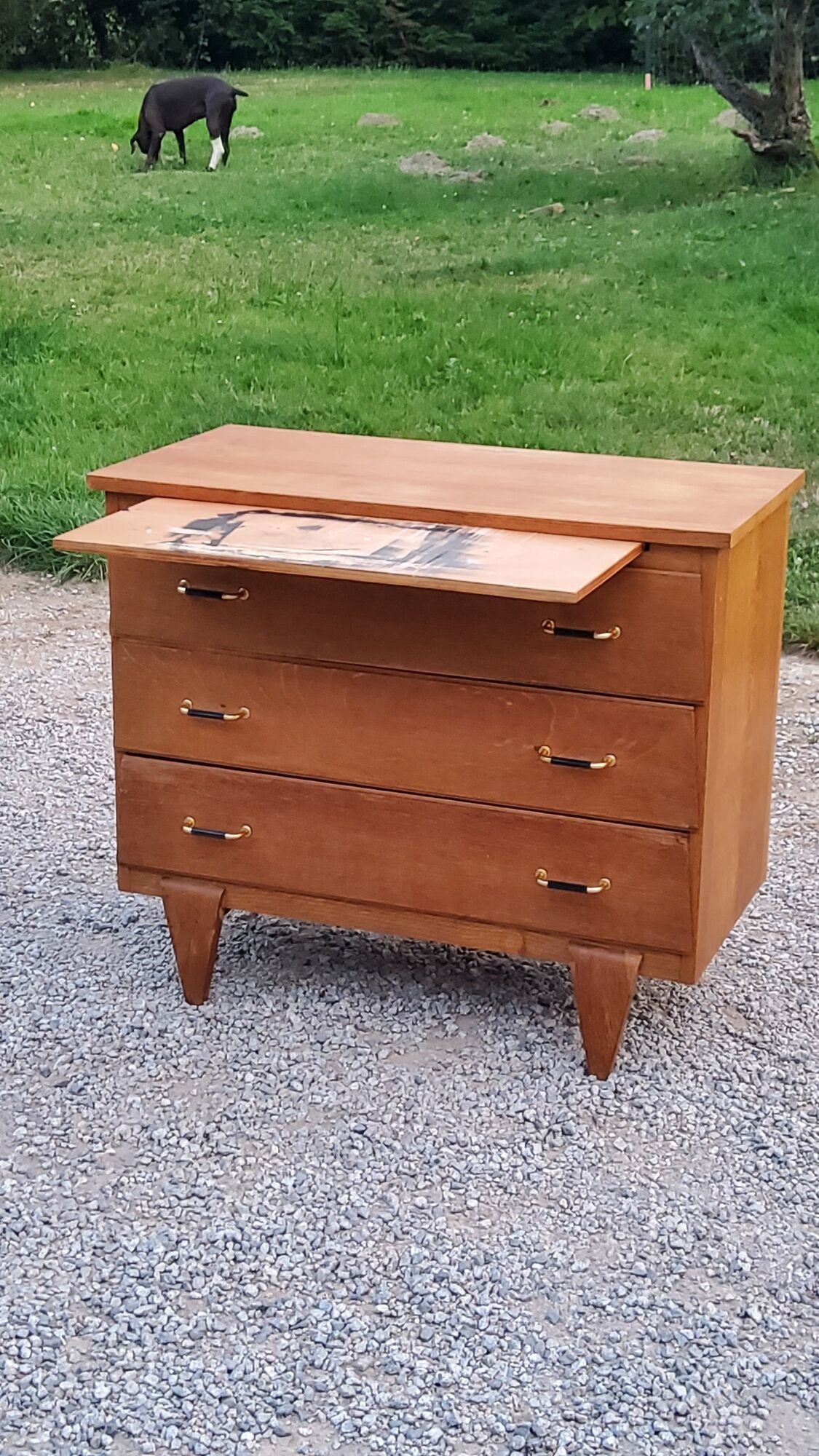 Vintage chest of drawers in golden oak from the 50s with 3 drawers and spindle-legged shelf