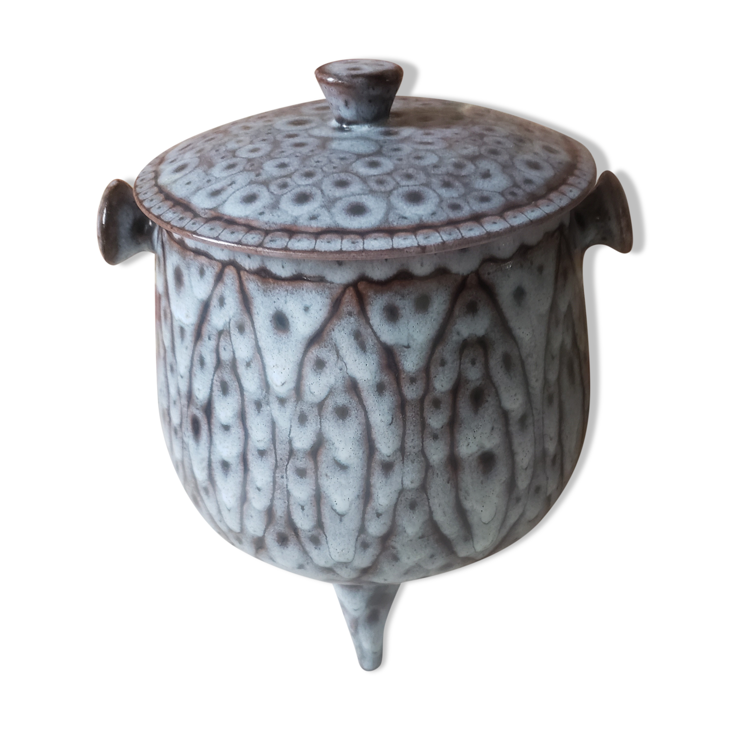 Tripod enamelled ceramic pot shape with lid