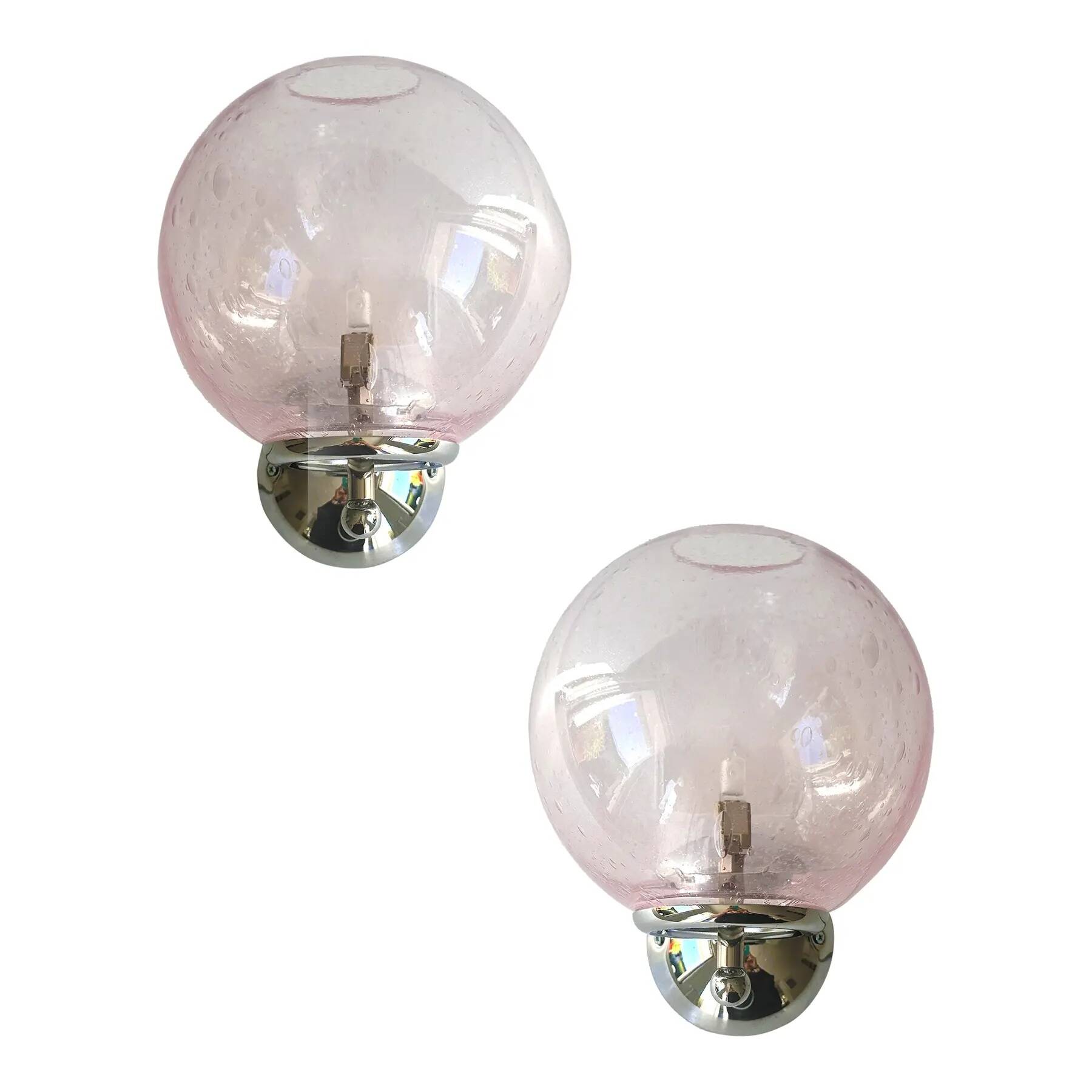 Set of Two Contemporary Pink "Pulegoso" Murano Glass Wall Sconces